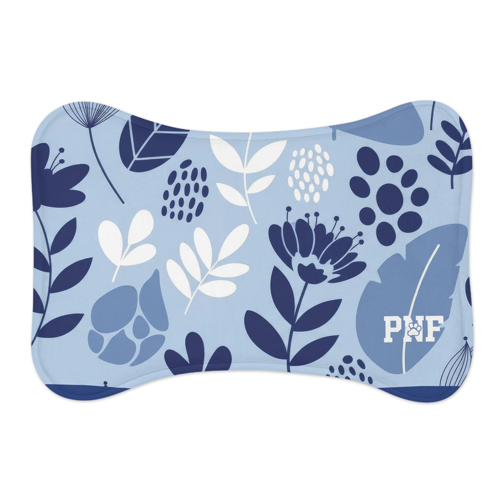 Blue floral feeding mat with the PNF logo in white on the bottom corner. 