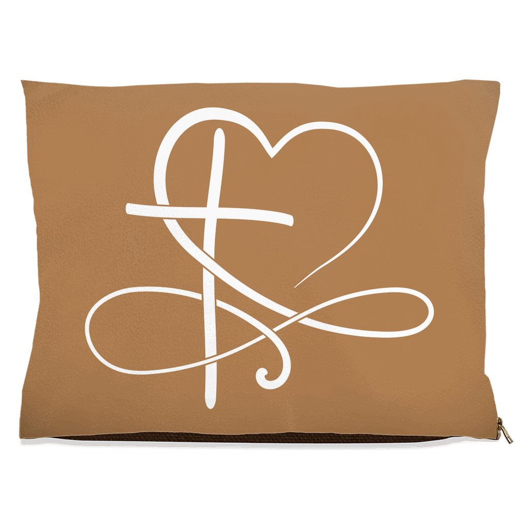 DogBed-Fleece-30x40-20251120224650162-Tan pet bed with white cross and heart infinity design on the front