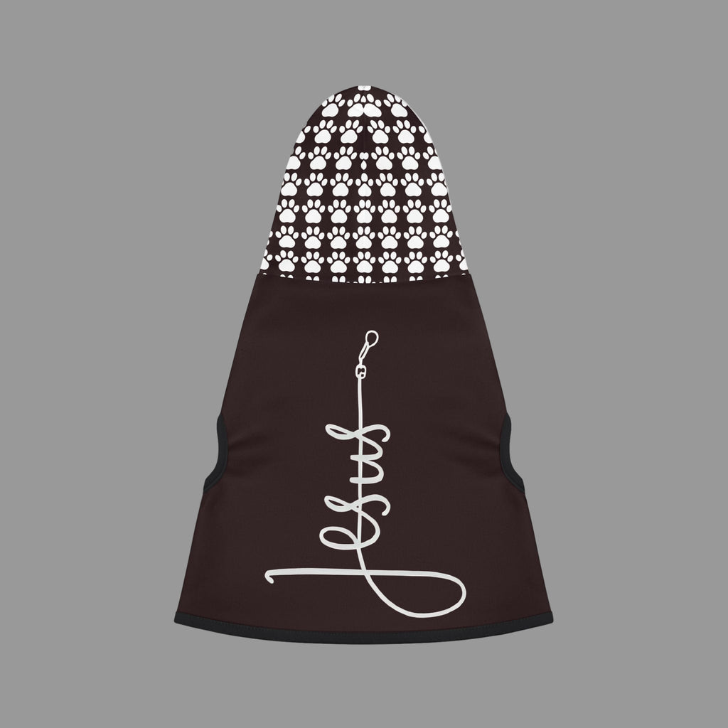 Oxblood black pet hoodie with  the word, " JESUS" in large font and small paw print on the hood.