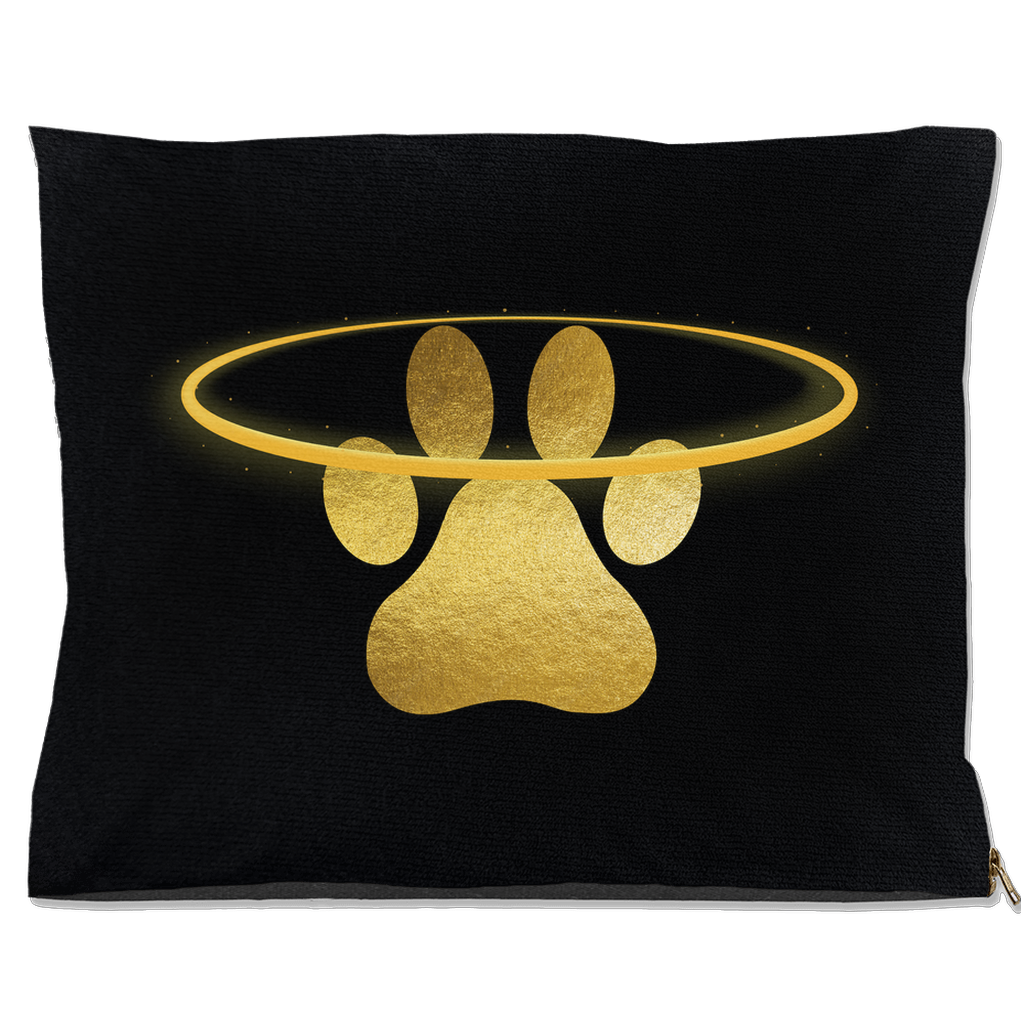 DogBed-Outdoor-40x50-20251103194803940-Black pet bed with glowing gold paw print and halo design.