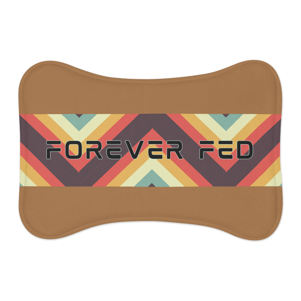 Flat view of caramel colored pet food mat with bold black text “Forever Fed” and colorful diagonal stripe design.