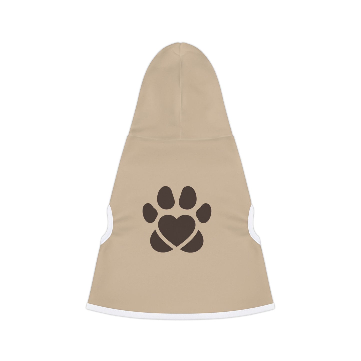 Beige pet coat with a black paw print design on a white background