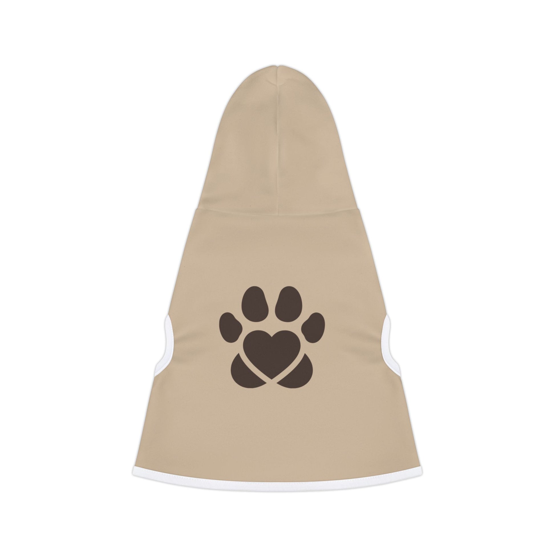 Beige pet coat with a black paw print design on a white background