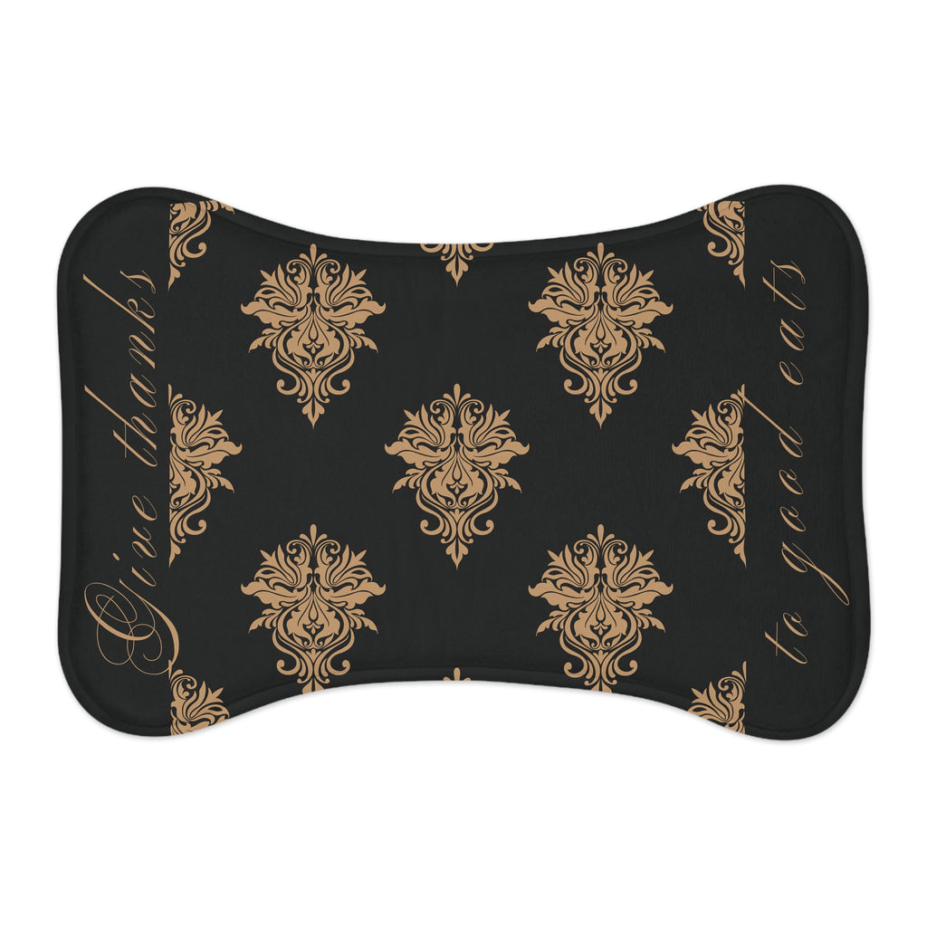 Give Thanks to Good Eats Pet Feeding Mat in gold and black