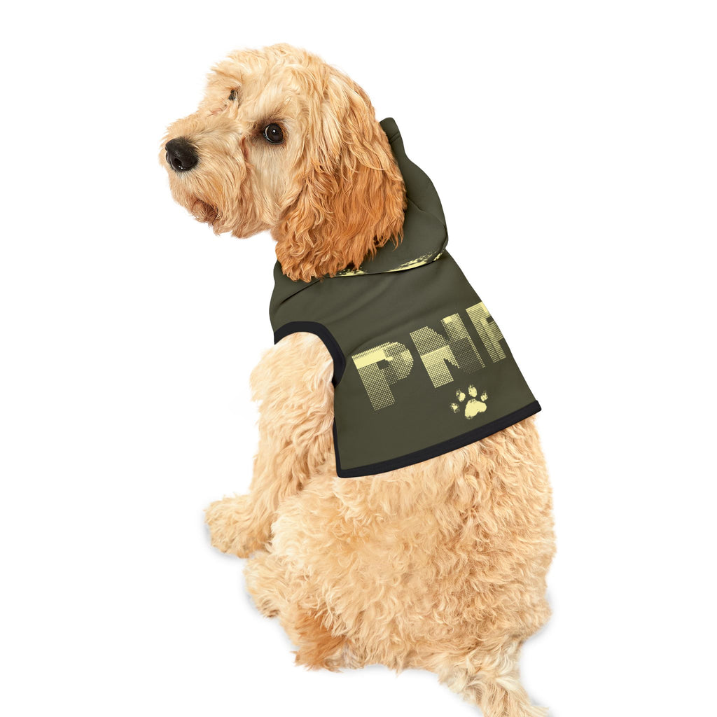 Olive green pet hoodie with yellow PNF logo and large paw print – military-inspired Christian dog hoodie.