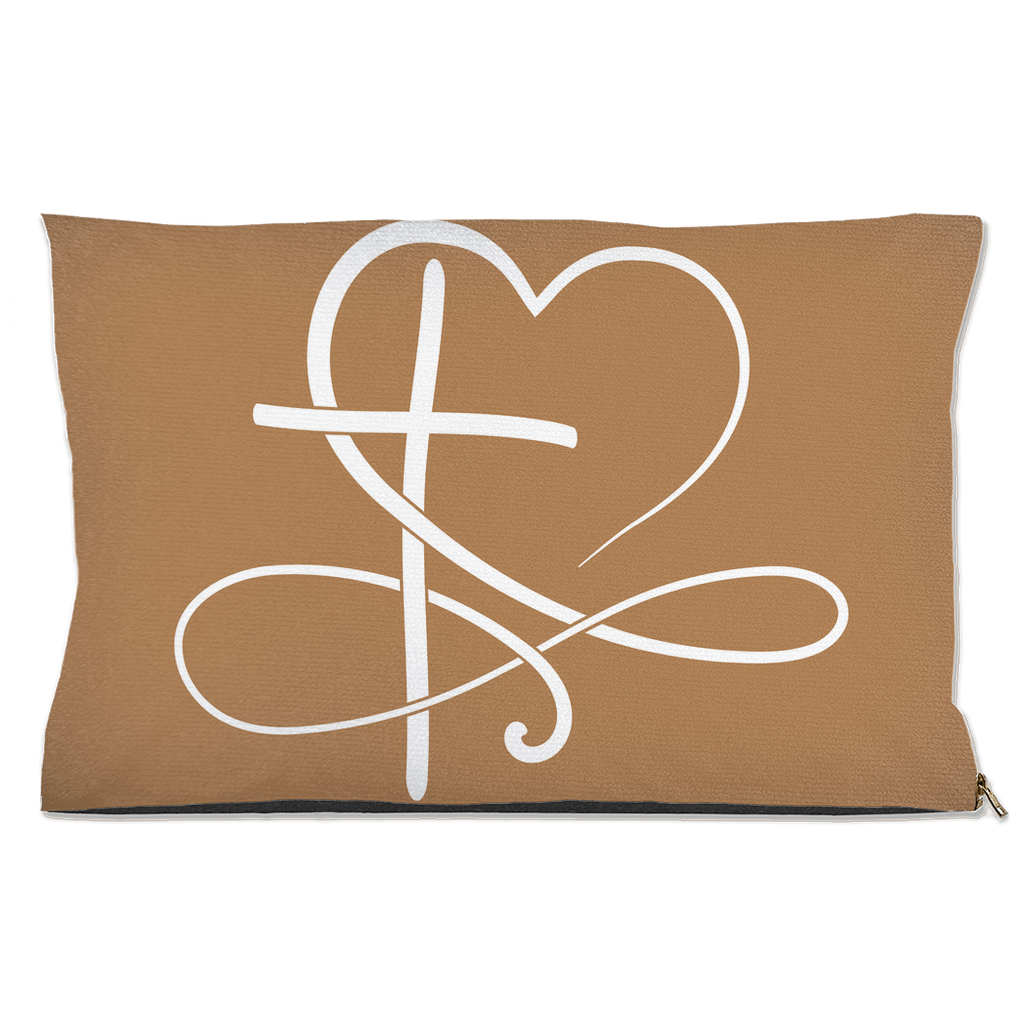 DogBed-Outdoor-18x28-20251120224650162-Tan pet bed with white cross and heart infinity design on the front