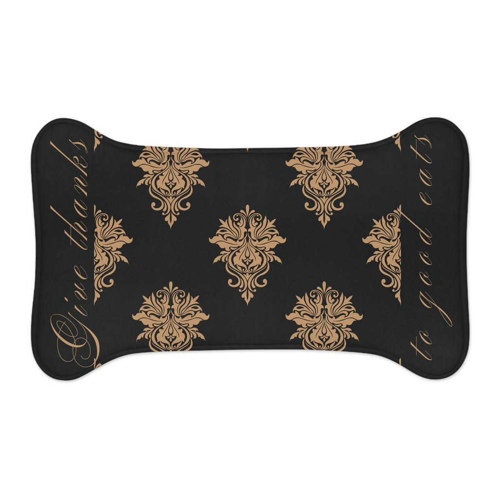 Give Thanks to Good Eats Pet Feeding Mat in gold and black