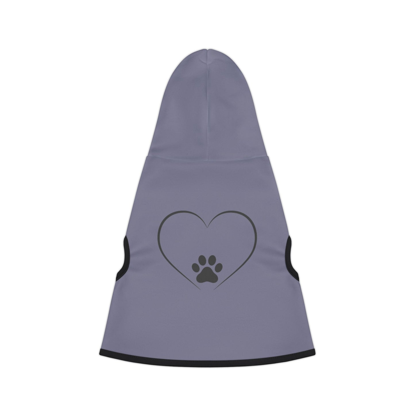 Gray pet hoodie with a heart and paw print design on a white background