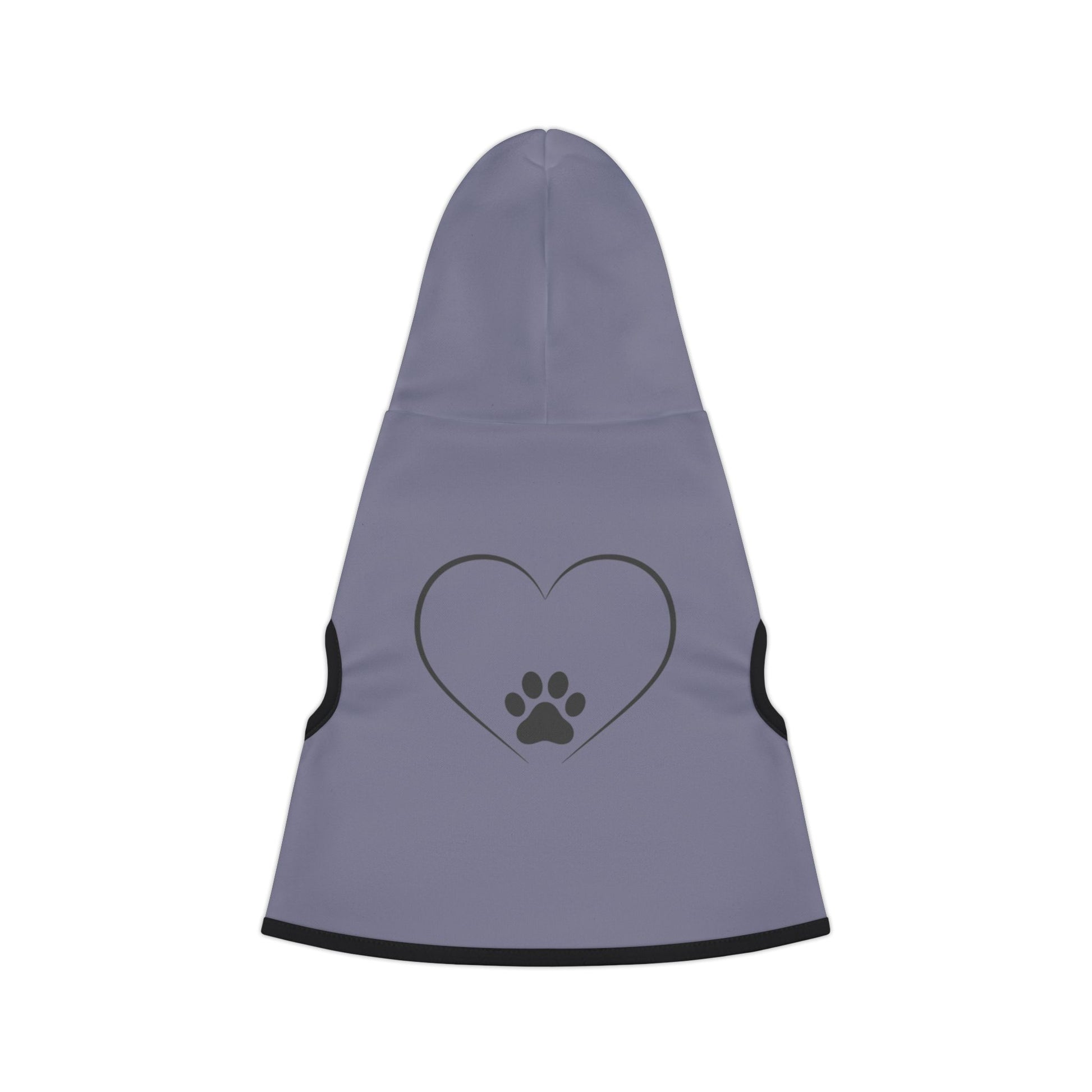 Gray pet hoodie with a heart and paw print design on a white background