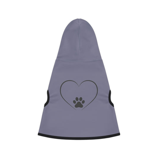 Gray pet hoodie with a heart and paw print design on a white background