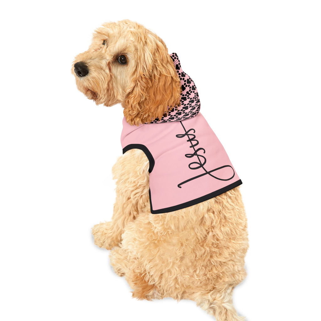 Soft pink pet hoodie with  the word, "JESUS" in large font and small white paw prints on the hood.