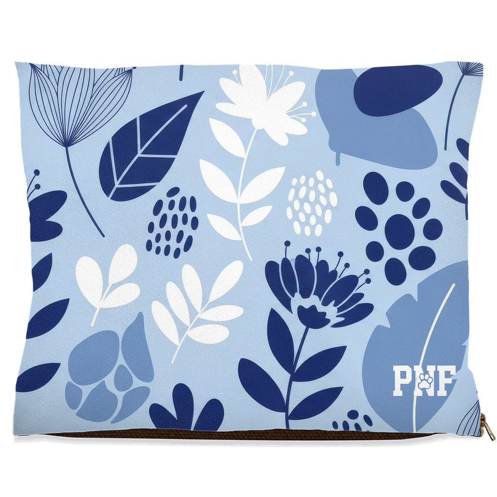 Navy Blue fleece pet bed with navy and white floral pattern and PNF logo stylish botanical Christian pet bed.