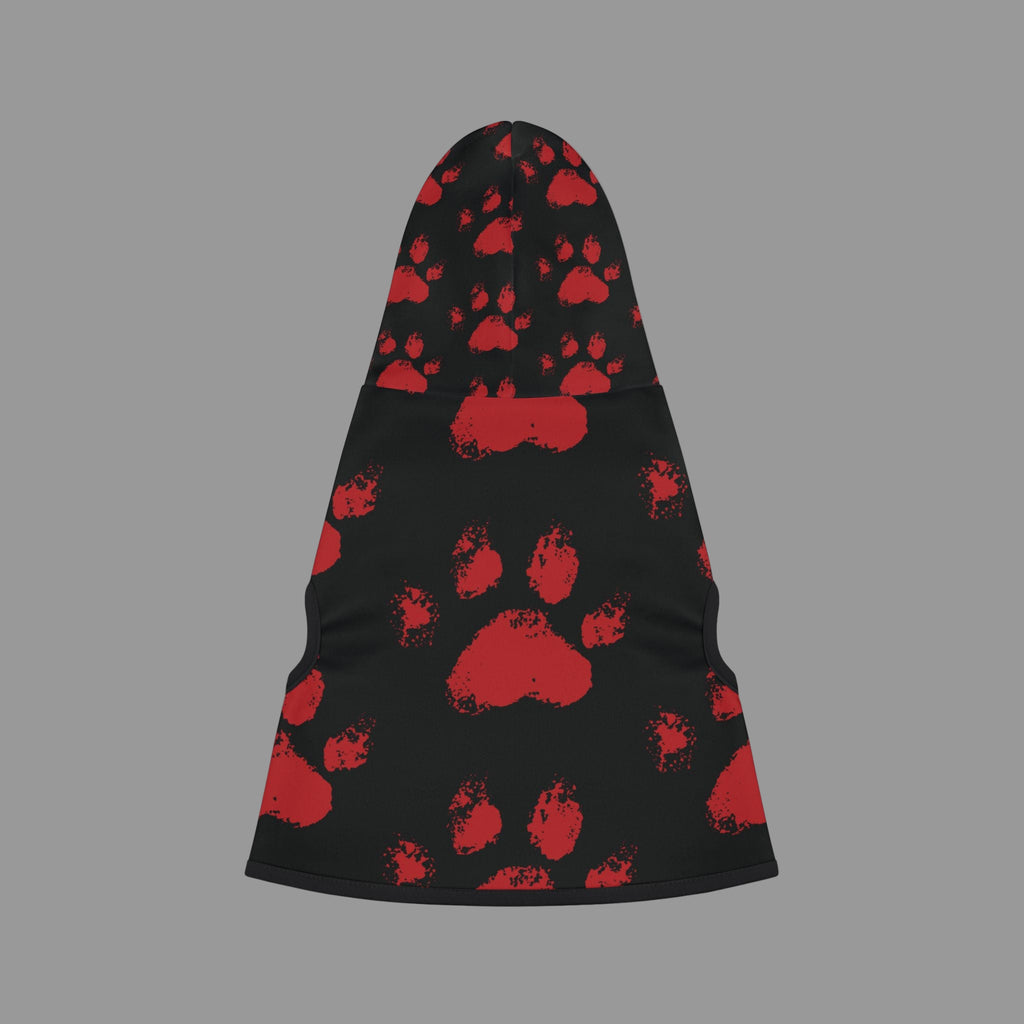 Black pet hoodie with bold red paw prints – stylish and warm Christian dog hoodie for winter walks.