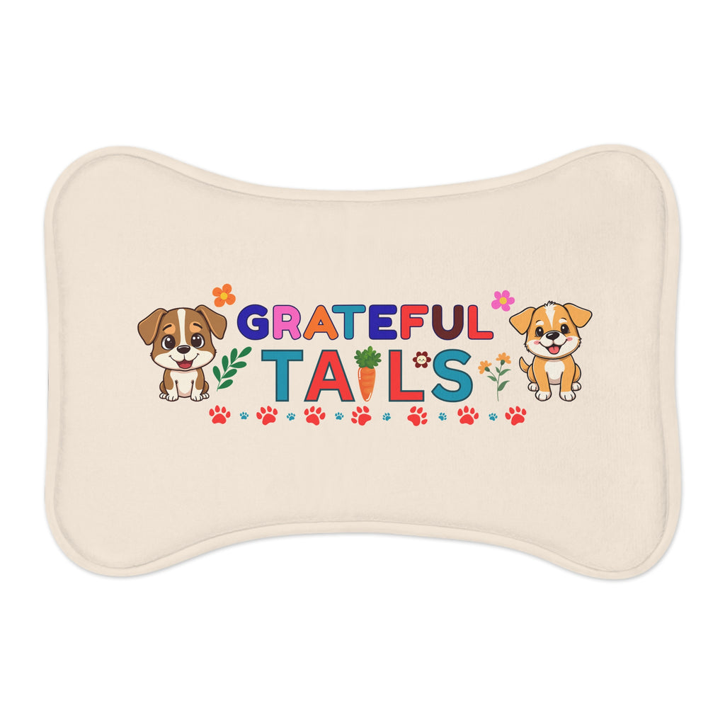 Bone-shaped cream pet feeding mat with “Grateful Tails” text, colorful letters, paw prints, flowers, carrot graphic, and two cartoon puppies.