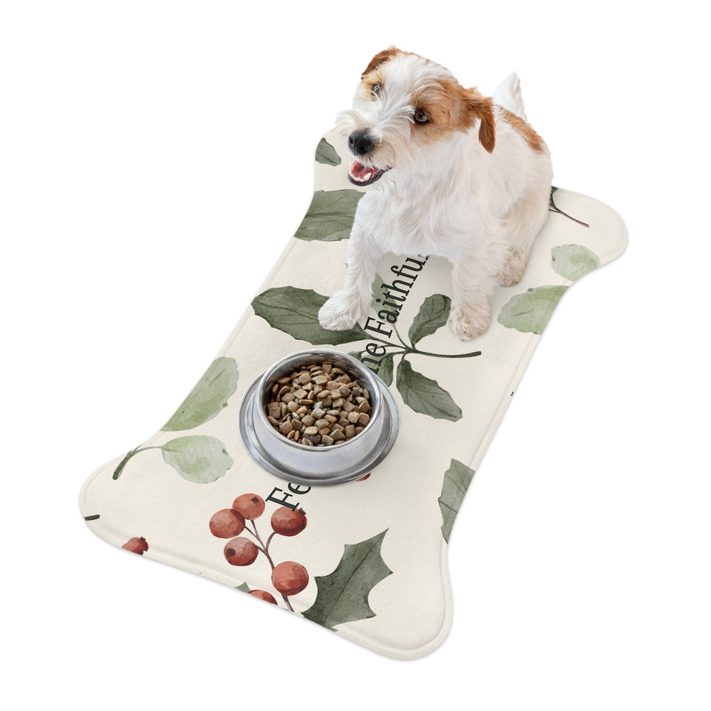 Bone‑shaped plush pet feeding mat in dark purple with gold heart‑of‑paw‑prints graphic and text “Risen Love Renewed Paw”