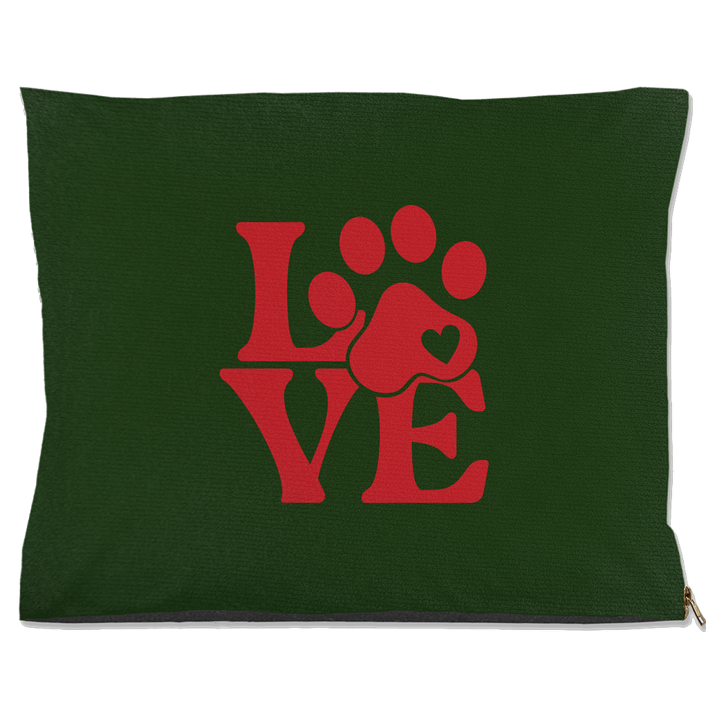Green outdoor pet bed with red LOVE text and pawprint heart design – Christian pet bed for dogs and cats.