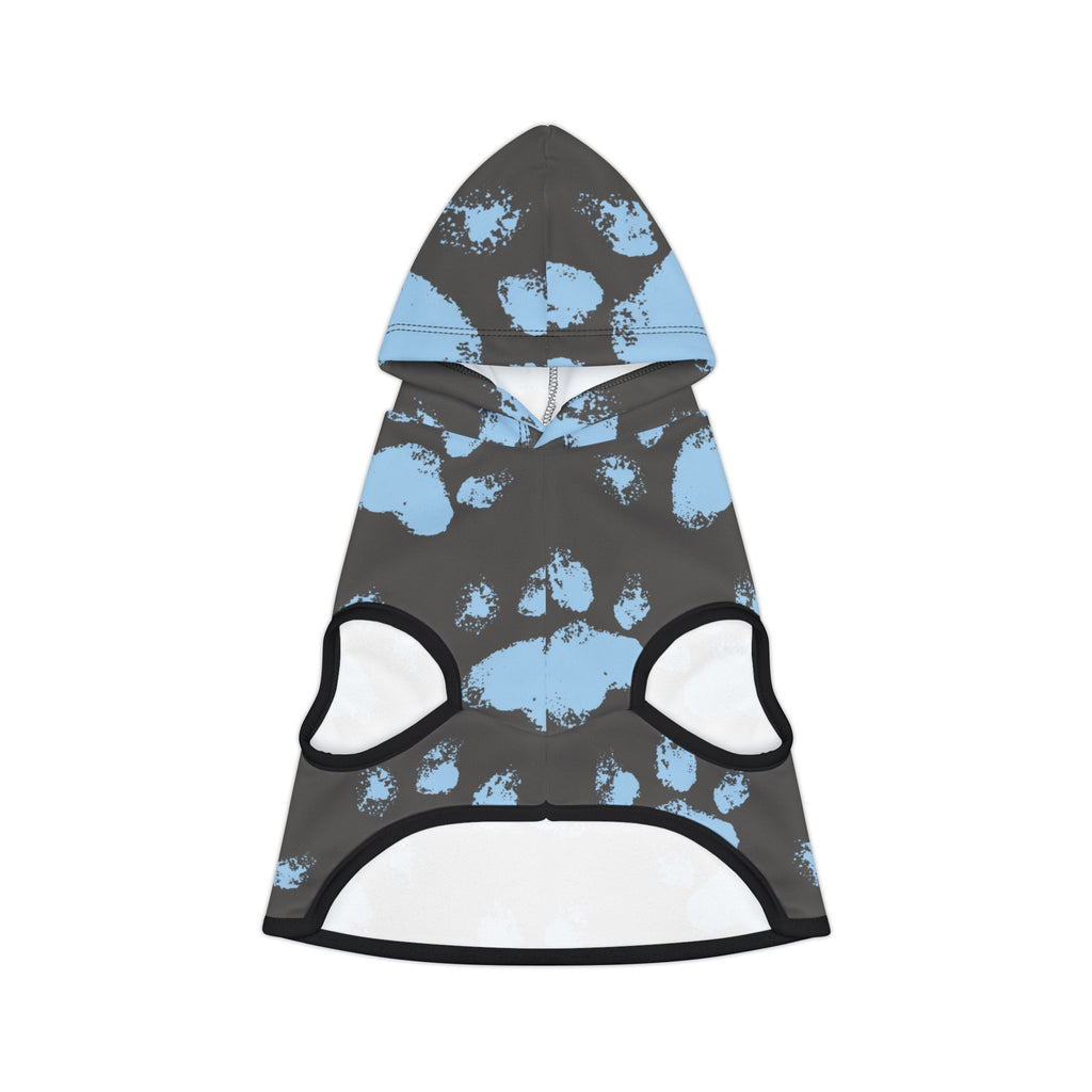 Gray pet hoodie with scattered light blue paw prints – fun faith-inspired dog hoodie for everyday wear.