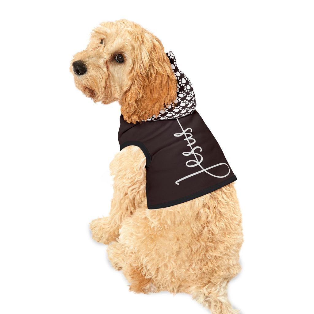Oxblood black pet hoodie with  the word, "JESUS" in large font and small paw print on the hood.