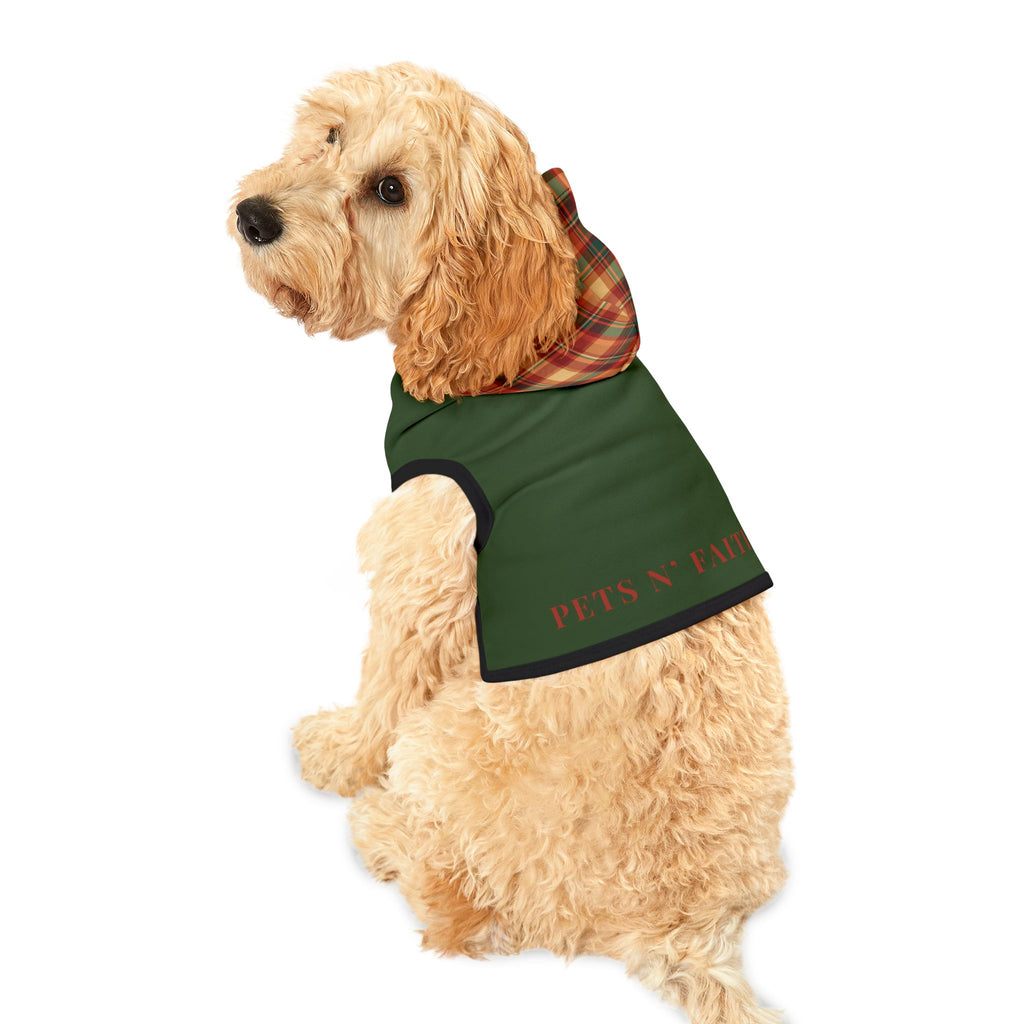 Forest green pet hoodie with red and gold plaid hood and “Pets N’ Faith” text – festive Christmas dog hoodie.