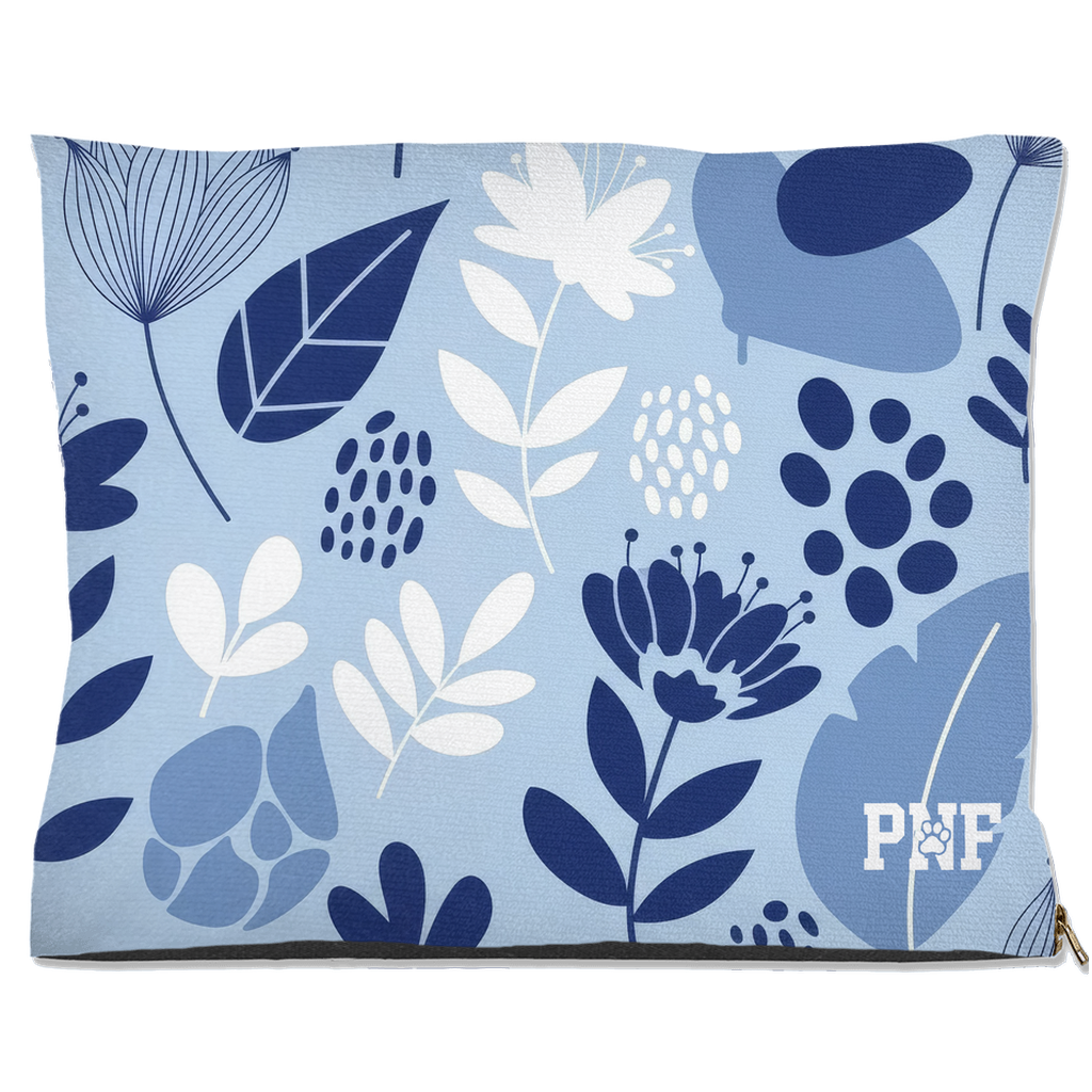 Navy Blue outdoor pet bed with navy and white floral pattern and PNF logo stylish botanical Christian pet bed.