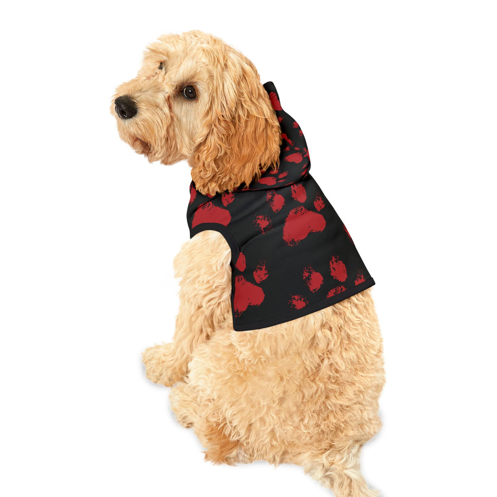Black pet hoodie with bold red paw prints – stylish and warm Christian dog hoodie for winter walks.