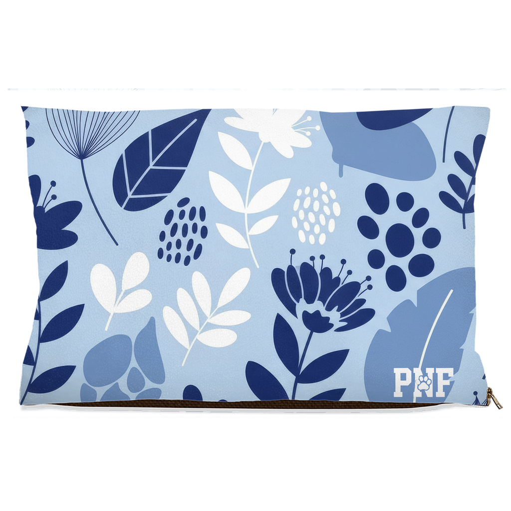 Navy Blue fleece pet bed with navy and white floral pattern and PNF logo stylish botanical Christian pet bed.