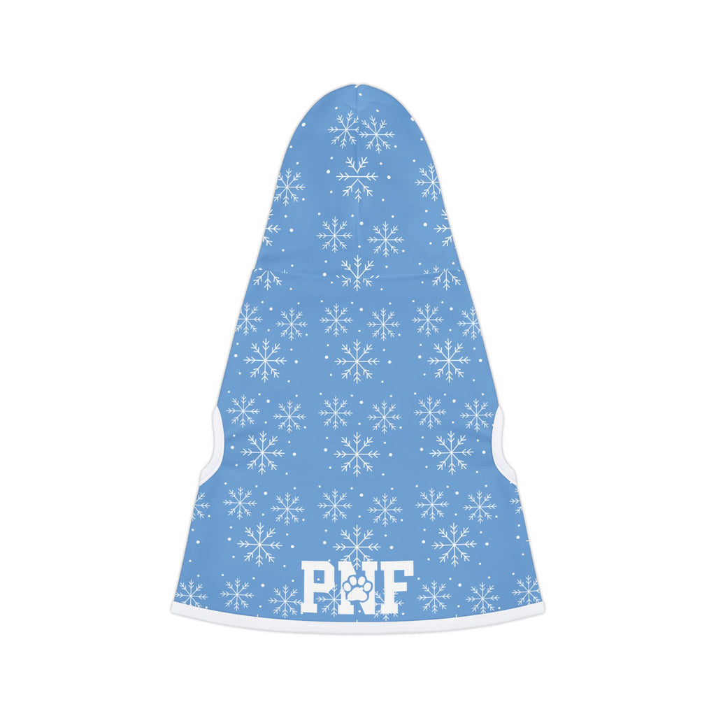 Light blue pet hoodie with white snowflake pattern and PNF paw logo at the bottom