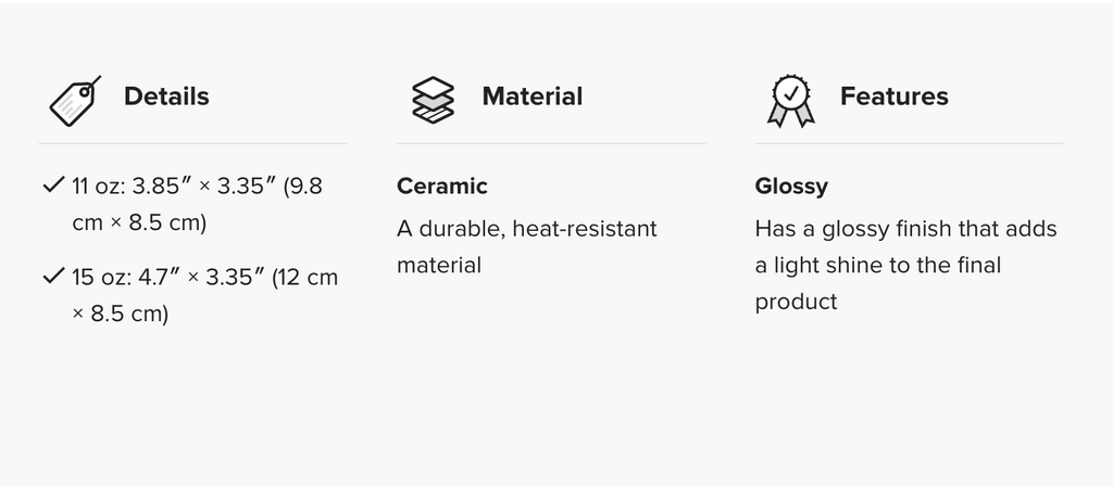 Product details including size, material, and features on a white background
