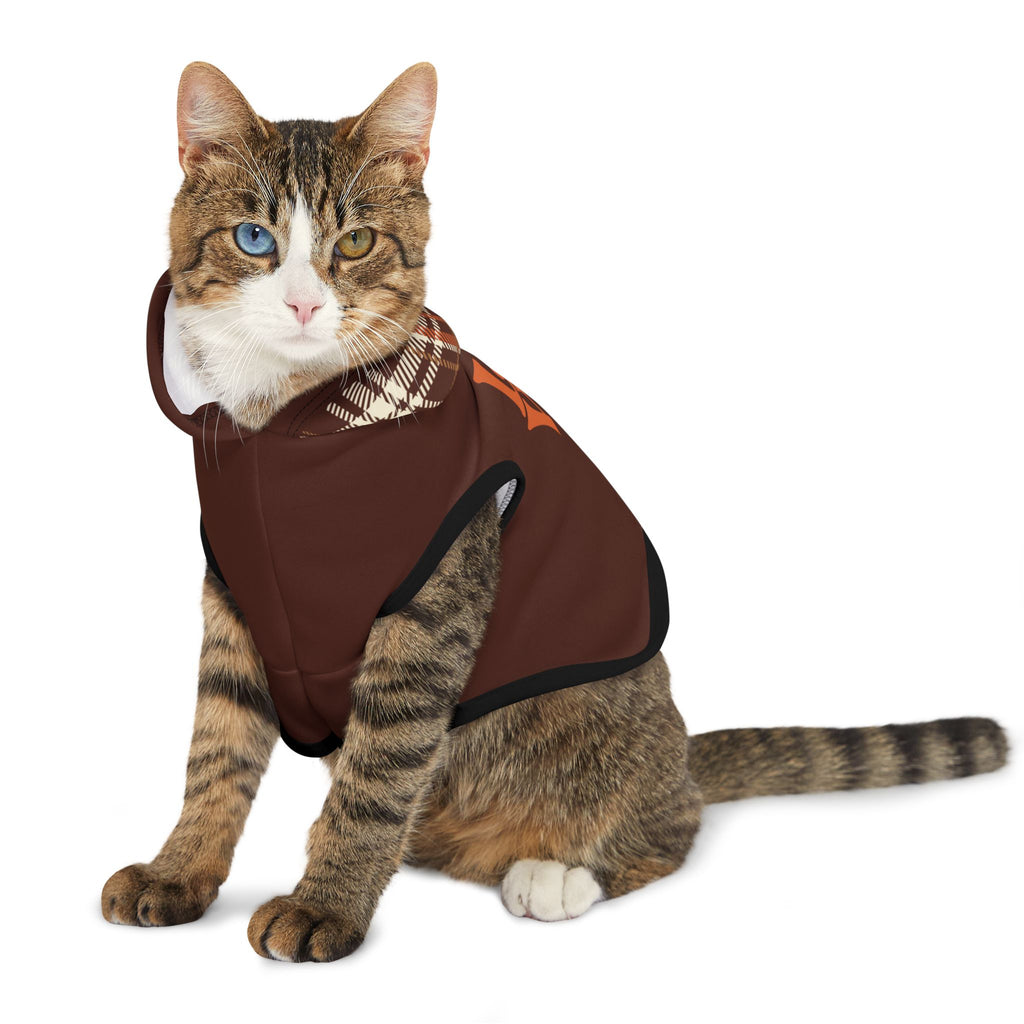 Tabby cat with blue and green eyes wearing brown hoodie with plaid hood and orange “LOVE” paw print design.