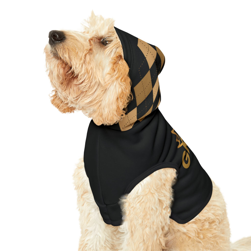 Light-colored dog wearing black GRACE hoodie with plaid hood pulled over head, looking upward.