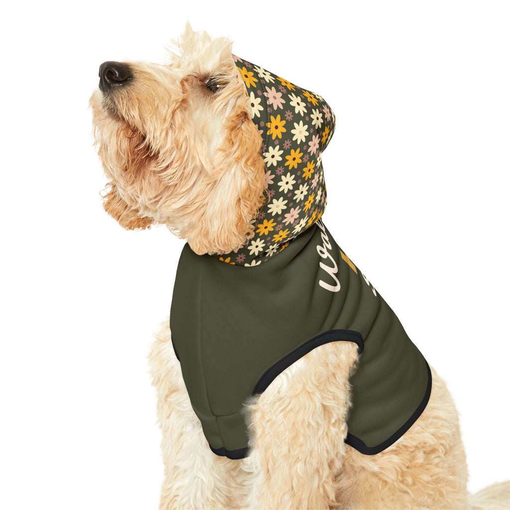 Fluffy light tan dog wearing an olive green hoodie, looking up, showing the floral design pattern on the hoodie and black trim. 