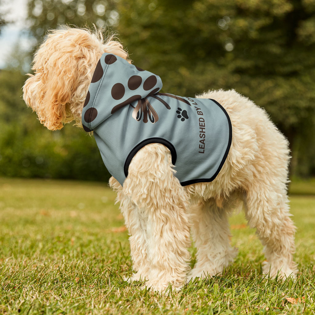 Fluffy light tan dog in a park, wearing a blue-gray hoodie, looking away, showing the dark brown paw print pattern on the hoodie, the graphic, " Leashed by Love, Led by Grace", and black ribbed trim. 