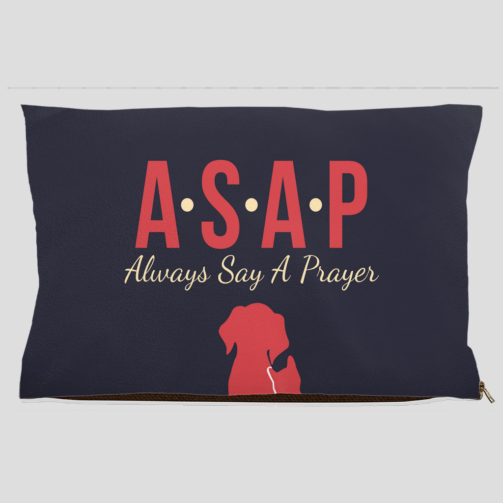 Faith-inspired navy blue dog bed with red dog and cat silhouette and text “ASAP Always Say A Prayer” – Christian indoor/outdoor pet bed