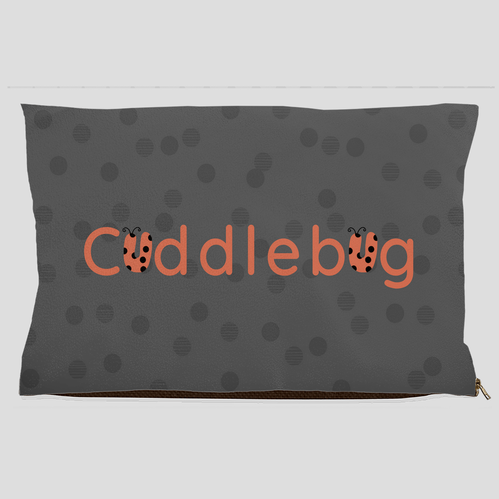Gray pet bed with polka dots and orange ladybug Cuddlebug design