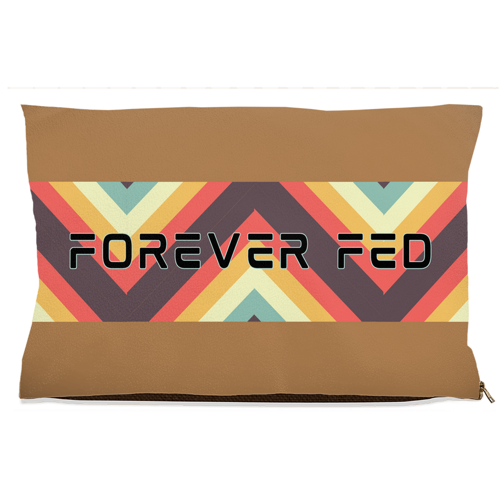 Forever Fed pet bed with tan base and colorful geometric stripe design