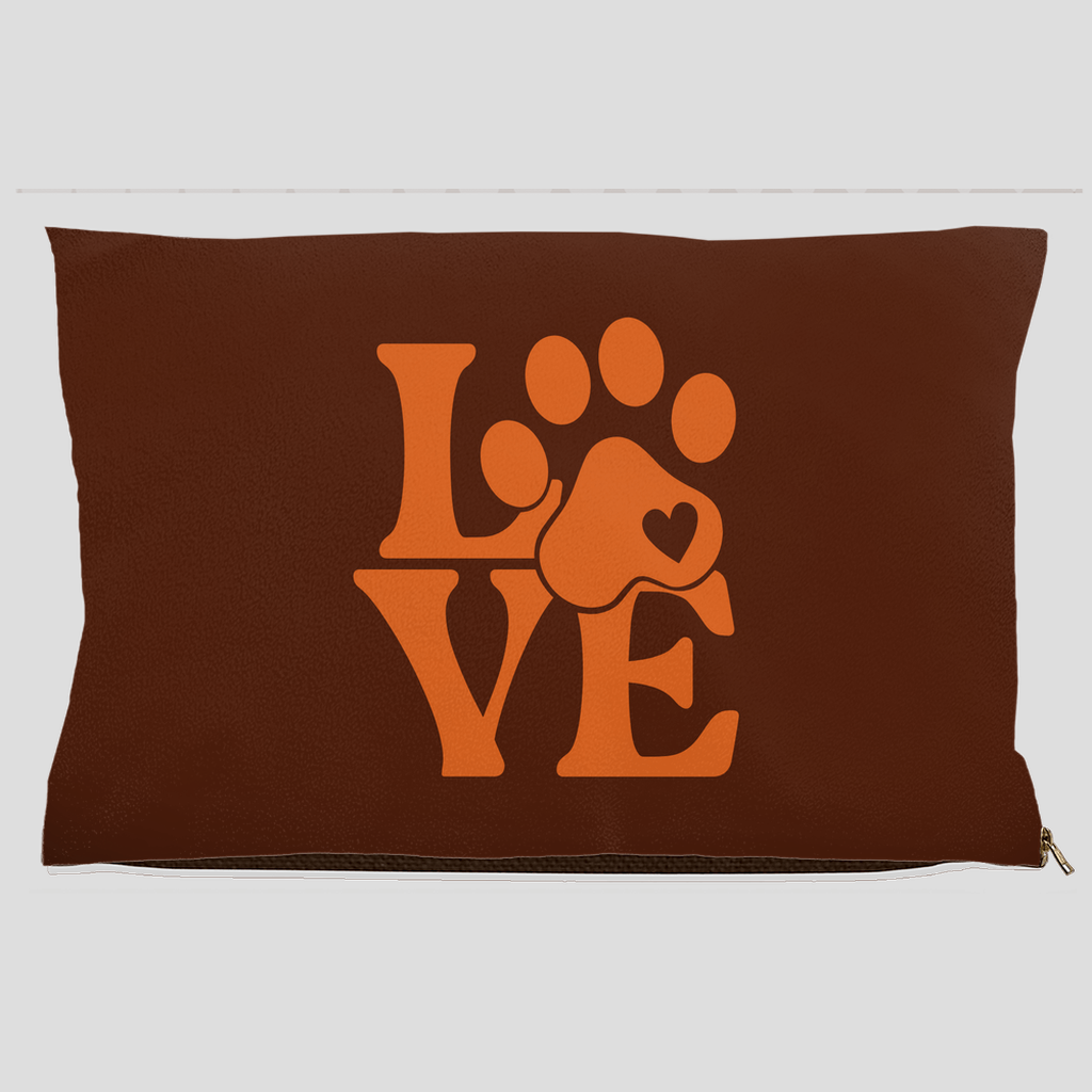 LOVE paw print pet bed in dark brown with orange paw and heart design, cozy dog and cat bed