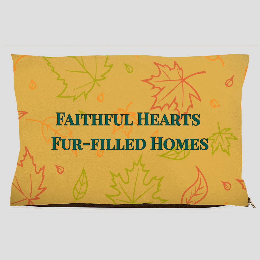 Faithful Hearts Fur-Filled Homes pet bed with fall leaf pattern in yellow, orange, and green – inspirational dog and cat bed
