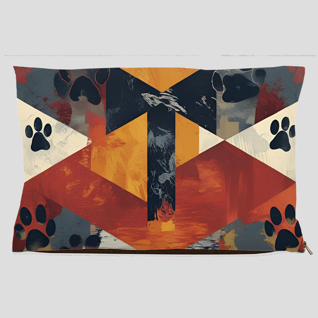 Abstract cross and paw print pet bed with bold geometric design in red, orange, navy, and cream – Christian dog and cat bed