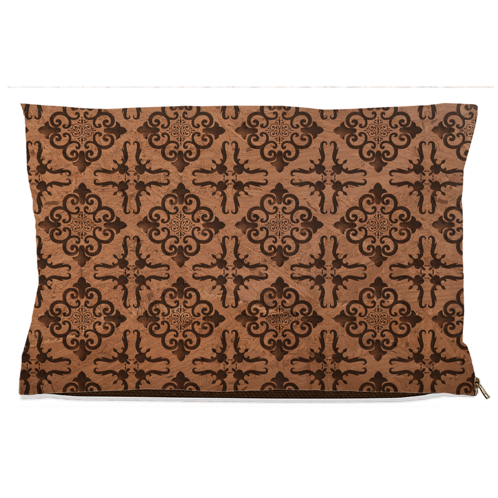 Brown and black damask pet pillow with on a white background