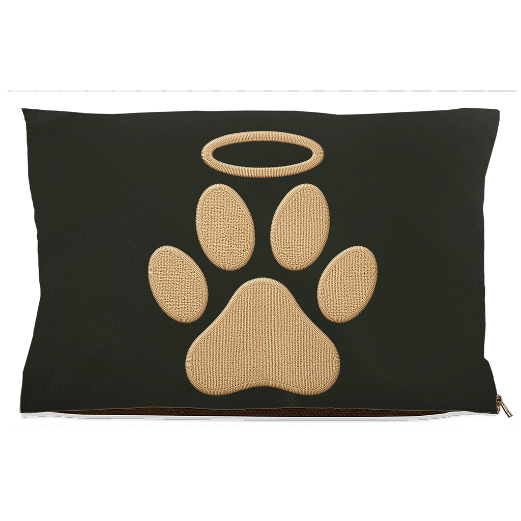 Dark grey pet pillow with a beige paw print design on a white background