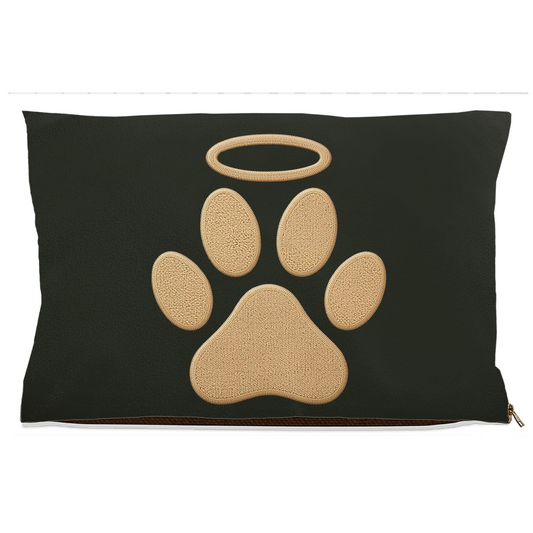Dark grey pet pillow with a beige paw print design on a white background