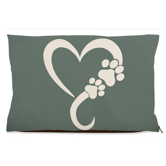 Sage green pet pillow with a heart and paw prints design on a white background