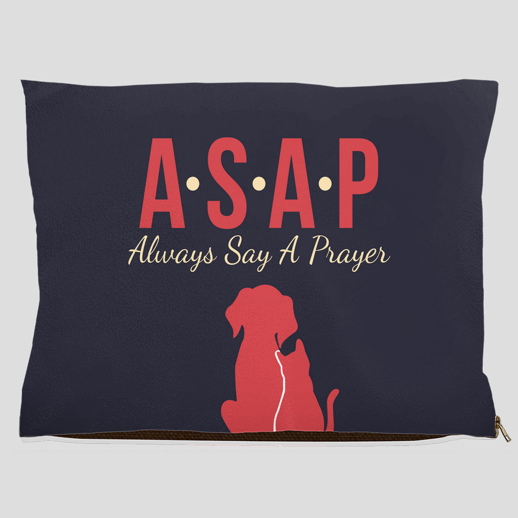 Faith-inspired navy blue dog bed with red dog and cat silhouette and text “ASAP Always Say A Prayer” – Christian indoor/outdoor pet bed