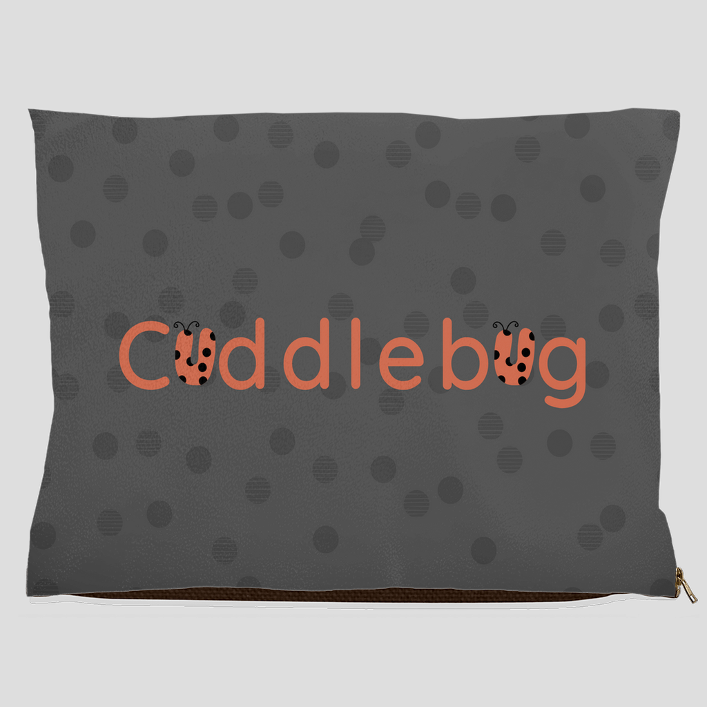 Gray pet bed with polka dots and orange ladybug Cuddlebug design