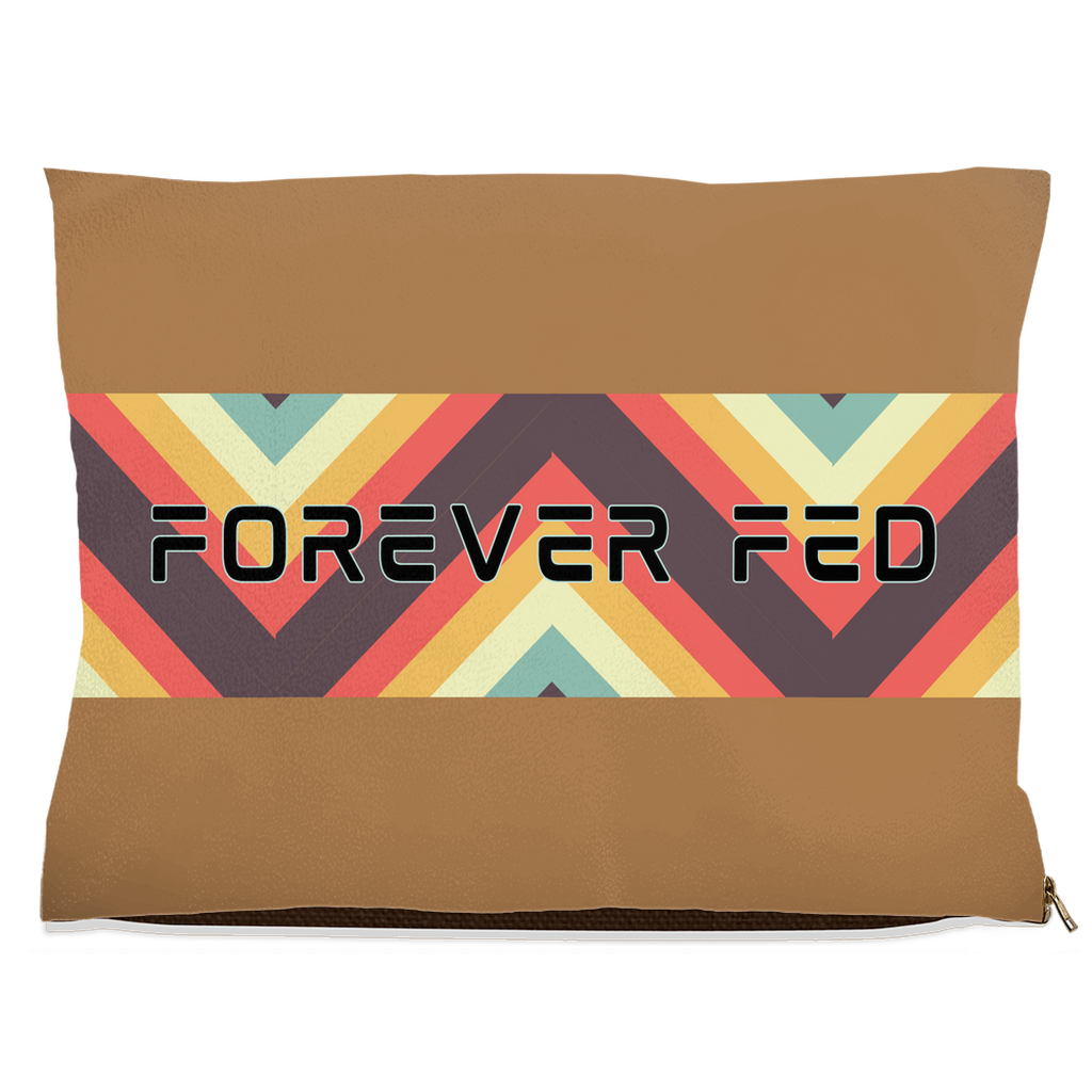 Forever Fed pet bed with tan base and colorful geometric stripe design