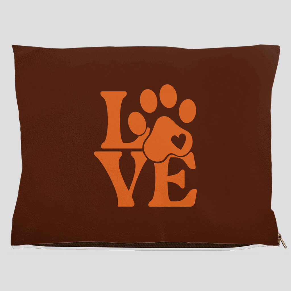 LOVE paw print pet bed in dark brown with orange paw and heart design, cozy dog and cat bed
