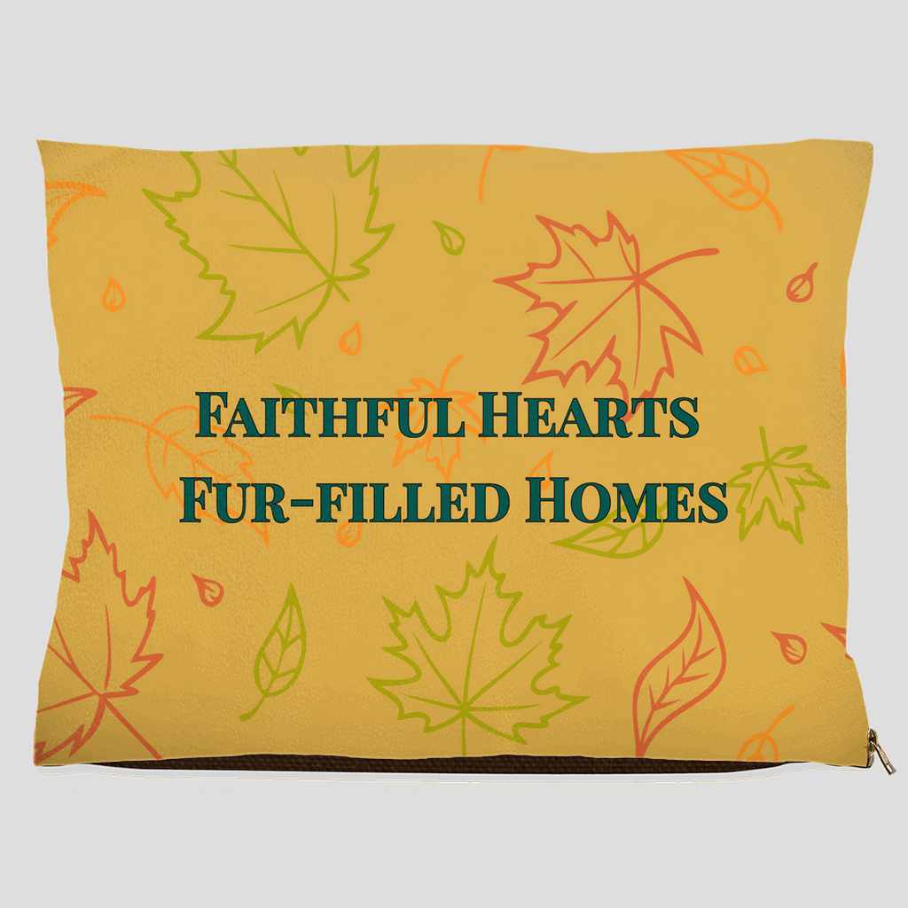 Faithful Hearts Fur-Filled Homes pet bed with fall leaf pattern in yellow, orange, and green – inspirational dog and cat bed