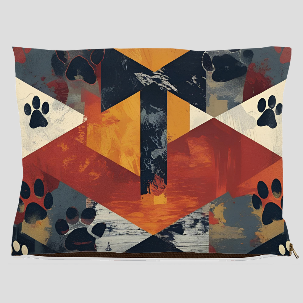 Abstract cross and paw print pet bed with bold geometric design in red, orange, navy, and cream – Christian dog and cat bed