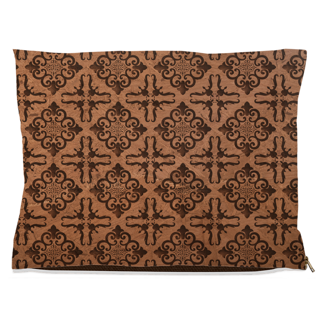 Brown and black damask pet pillow with a zipper on a white background