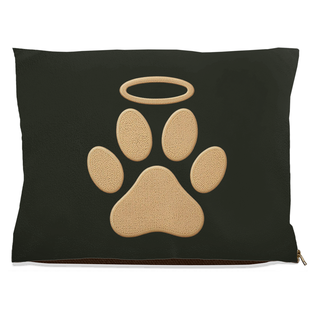 Dark grey pet pillow with beige paw print and halo design on a white background